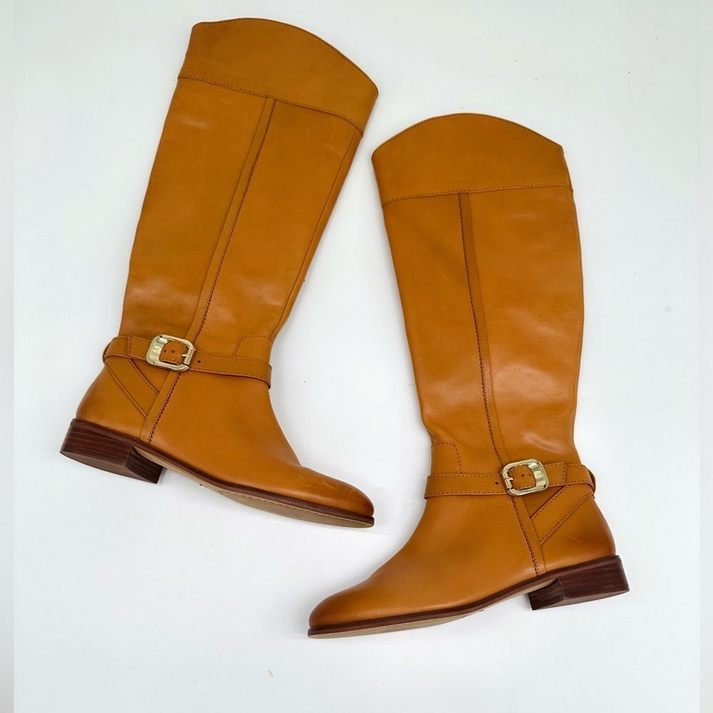 VINCE CAMUTO  Buckle Accent Ovarlym Round Toe Block Heel Leather Riding Boot